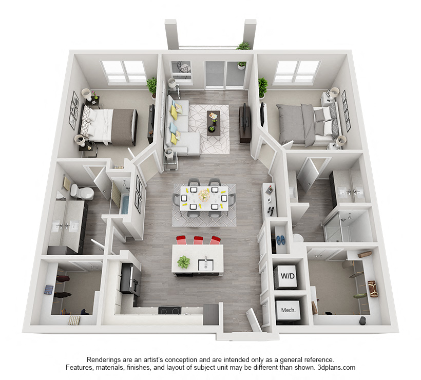 Floor plan for 2 beds, 2 baths, 1205 sqft